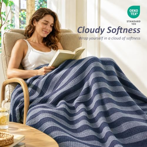 EMME Cotton Muslin Blanket Couch 4-Layer Breathable Gauze Soft Lightweight Bed Blankets Adults Dark Navy Twin (60" x 80") - Image 2