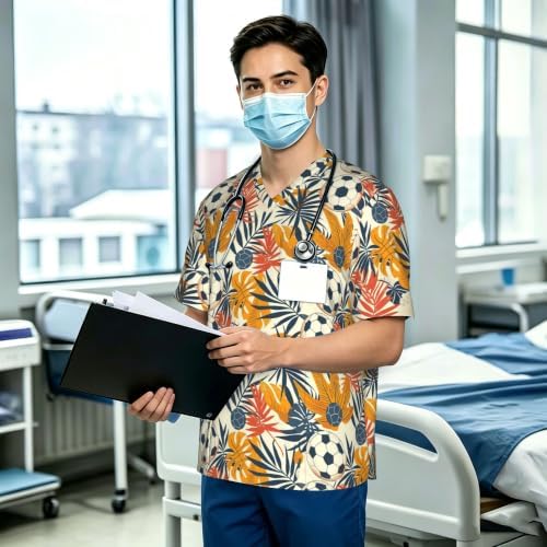 Men's Scrub Top,V-Neck Spill Wrinkle Resistant,3 Pockets-Tropical Palm Leaf Football (4) - Image 3