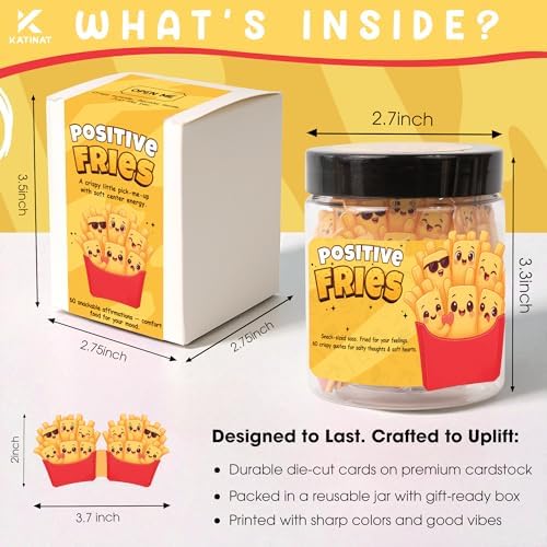 KATINAT Positive Fries Jar – 60 Funny Affirmation Cards, Emotional Support Fries for Friends, Teens, Coworkers, Funny Foodie Gifts for Stress Relief and Positivity - Image 2