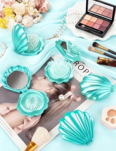 8 Pcs Foldable Travel Shell Hair Brush with Mirror - Image 2
