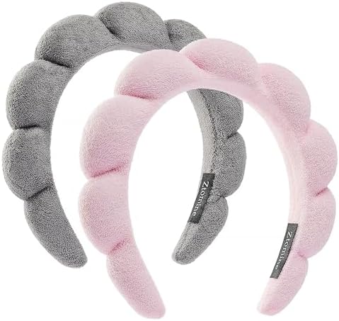 Ztomine Spa Terry Cloth Headband Combo Pack - 2 Puffy Makeup Headbands for Facial Care, Face Washing, and Mask Application (Pink + Grey) by Ztomine