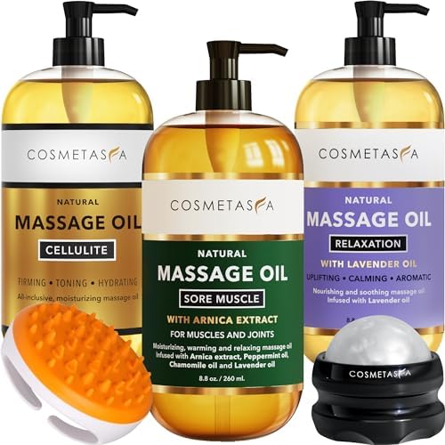 Cosmetasa Body Massage Oil Therapy Kit – Arnica & Lavender Oil for Relaxation and Sore Muscles – Includes Anti-Cellulite Oil, Roller Ball & Mitt for Firming Skin – Spa Gift Set for Women & Men by Cosmetasa
