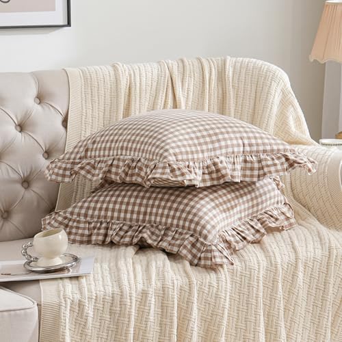2 Pack Taupe/Brown Plaid Ruffle Throw Pillow Covers Farmhouse 20"x20" Brown - Image 2
