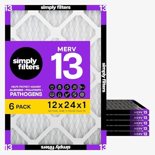 Simply 12x24x1 Air Filter, Merv 13, 6 Pack, For Home AC Furnace & HVAC (Actual Size: 11.75"x23.75"x0.75") DUST, Pet, & Allergy Control by SimplyFilters