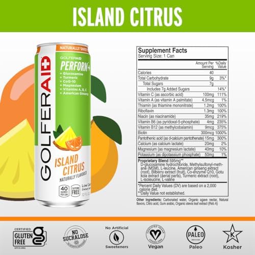 GOLFERAID Performance Blend, Up Your Golf Game, No Caffeine, Glucosamine, Turmeric, MSM, CoQ10, B-Complex,BCAAs and Electrolytes, 45 Calories, 100% Clean, Paleo, Vegan, 12-oz. cans (Pack of 4) - Image 2