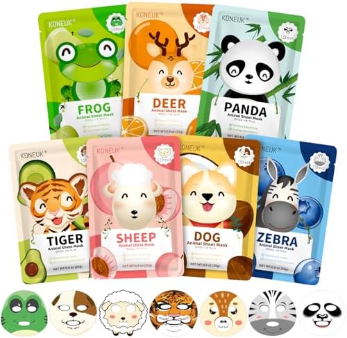 KONEUK 7 Pack Animal Hydrating Face Mask for Kids, Bulk Face Masks Skincare by KONEUK