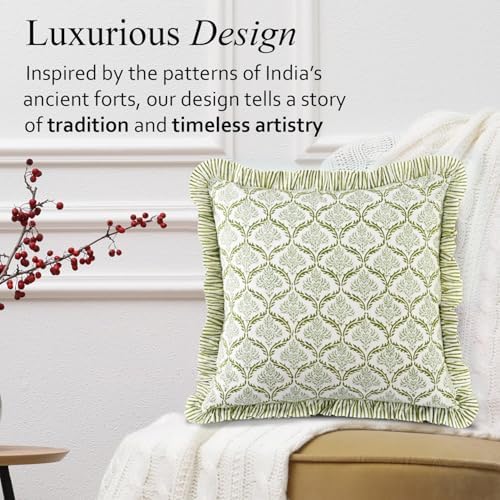 CPC Fern Regal Hand Block Print 100% Cotton Ruffle Throw Pillow Cover 18x18 inch with Hidden Zipper Decorative for Couch, Bed, Sofa, Farmhouse, Cottagecore Decor Gift Christmas Fall Thanksgiving - Image 7