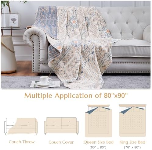 jinchan 100% Cotton Muslin Blanket Queen Boho Bed Blanket 80x90 Orange - Image 5