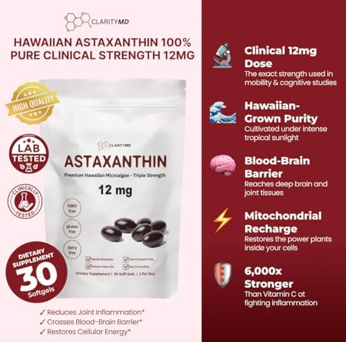Astaxanthin 12mg Antioxidants Supplement – Natural Microalgae Source – Lipid-Based Softgel for Enhanced Absorption – Cognitive, Vision & Joint Support – 30 Softgels (Pack of 3) - Image 3