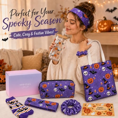 Halloween Boo Basket Gift Box for Women,Spooky Makeup Bag and Glass Cup Set - Image 2