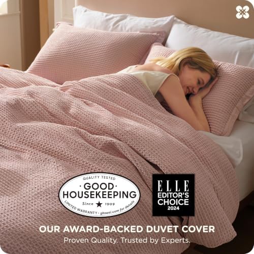 Bedsure PureWoven 3 Pieces 100% Cotton Waffle Duvet Cover Set, King, Pink - Image 2