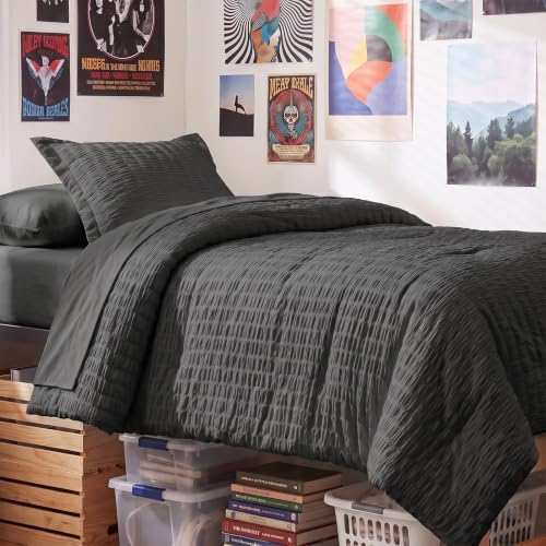CozyLux Twin XL Comforter Set, 5 Pieces Dark Grey Seersucker Bed in a Bag by CozyLux