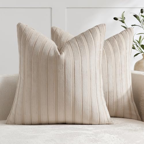 DEZENE 26x26 Taupe Throw Pillow Covers Pack of 2 Soft Striped Corduroy Square Neutral Pillow Cases for Couch Sofa Bedroom Living Room Home Decor by DEZENE