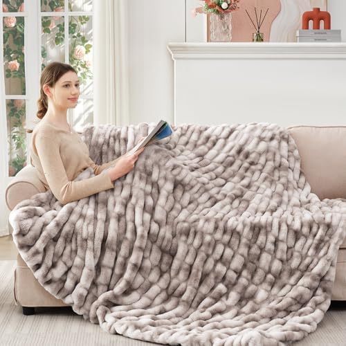 Touchat Ruched Faux Fur Throw Blanket,Fluffy Soft Cozy Tie-dye Coffee - Image 7