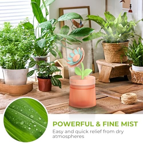 Cute Flower Mini Humidifier, Small Cool Mist Desk Humidifiers, Portable USB Personal Desktop Plant Humidifiers, Cooling for Home Office Car Travel Indoor Outdoor (260ml, Pink Sunflower) - Image 2