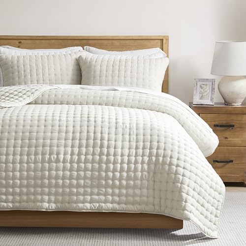 WDCOZY King Size Quilt Bedding Sets with 2 Pillow Shams, Ivory Lightweight Soft Bedspread Coverlet, Quilted Blanket Thin Comforter Bed Cover for All Season, 3 Pieces, 104x90 inches by WDCOZY