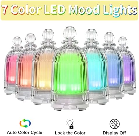 Glass Essential Oil Diffuser, Aroma Diffusers with Glass Cover & Plastic Reservoir Small Humidifiers with 7 Color LED Lights Auto-Off for Home Office Bedroom Yoga 120ml(White Bottom) - Image 3
