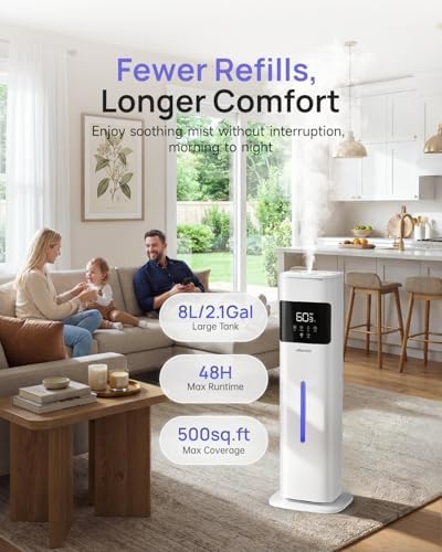 Humidifier Large Room, 2.1Gal/8L Cool Mist Humidifiers for Bedroom 500 sq ft, Humidifiers for Home with Essential Oil Diffuser, Top Fill Quiet Humidifier for Baby Nursery Office Plants, White - Image 2