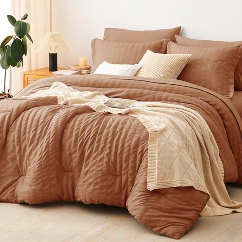 CozyLux King Size Comforter Set, 7 Pieces Pumpkin Seersucker Bed in a Bag by CozyLux
