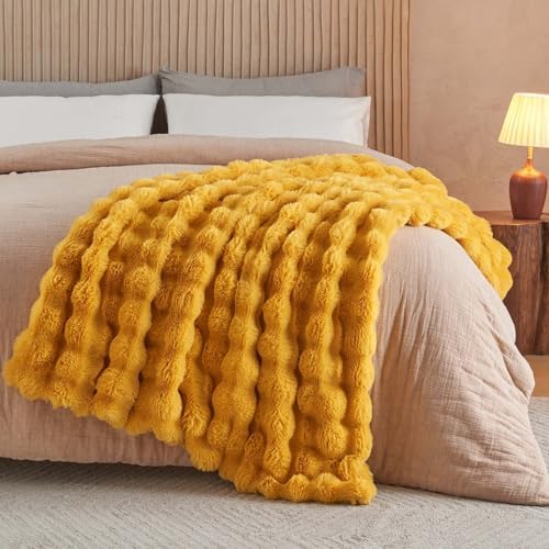 Lotus Karen Faux Fur Throw Blanket Ginger Yellow - Big Bubble Rabbit Fluff Blanket for Couch Bed Sofa,Softest Fluffy Fuzzy Cozy Blanket,Thick Furry Plush Shaggy Warm Blankets for Women,108x90 Inches - Image 4