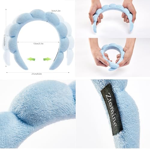 Ztomine Hairband, Set of 2 - Thick Absorbent Terry Cloth Spa Headbands in Blue and Light Purple for Washing Face or Facial, Puffy Makeup Headbands for Face Washing, Mask Combo Pack - Image 2