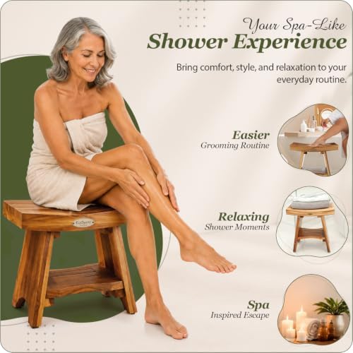 EcoDecors 18" Teak Shower Bench, 300 lb Capacity, Waterproof Seat & Shelf - Image 4