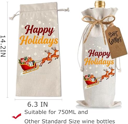 Julont 1Pcs Happy Holidays Wine Bags Christmas Gift Bag, Wine Bottle Bags Merry Xmas Bottle Covers for Merry Christmas,Holiday Party,Birthday,Storage with 1Pcs Kraft Blessing Cards and natural jute rope - Image 2