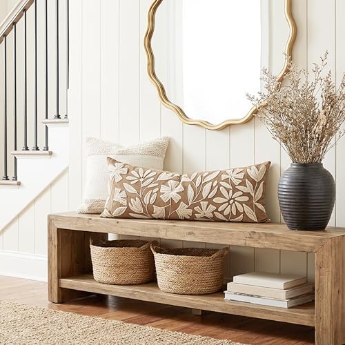 BlissBlush 14x36 Lumbar Pillow Cover for Bed, Brown Rectangular Long Throw Pillowcase, Embroidered Velvet Floral Tufted Farmhouse Accent Cushion (Cover Only) - Image 5