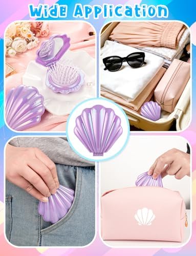 8 Pcs Foldable Travel Shell Hair Brush with Mirror - Image 3