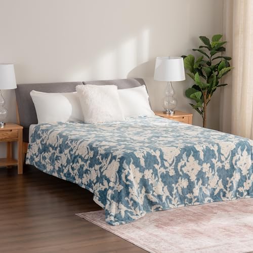 Berkshire Blanket-Classic Heavyweight Soft Printed VelvetLoft® Plush Blanket, Full/Queen Size Soft Fuzzy Warm Blanket for Couch Sofa Bed, Floral Blue, 90in x 90in - Image 4