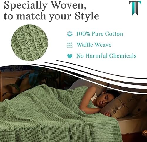 Tex Trend 100% Cotton Waffle Weave Blanket Queen Size - Soft, Breathable Cooling Blanket for Bed, Lightweight Cozy Summer & Spring Bedding, Sage Green, 90x90 - Image 5