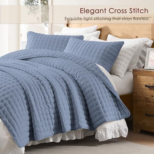 WDCOZY Dusty Blue Cloud Quilt Set Twin Size, Lightweight Soft Cross Stitch Bedspread, Farmhouse Rustic Country Coverlet, Spring Summer Thin Comforter, 2 Pieces, 1 Pillow Sham, 68x90 inches - Image 2