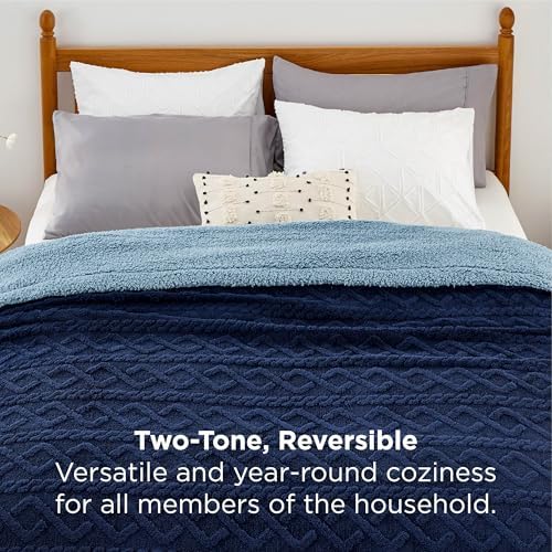 Bedsure Sherpa Fleece Blanket, Cable Jacquard Tufted, Warm, Navy, Queen - Image 2