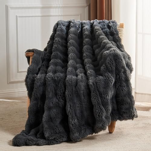 Lotus Karen Faux Fur Blanket Dark Gray Twin Size - Big Bubble Rabbit Fluff Throws for Couch Small Fluffy Fuzzy Cozy Thick Furry Plush Shaggy Blankets 60x80 Inches - Image 5