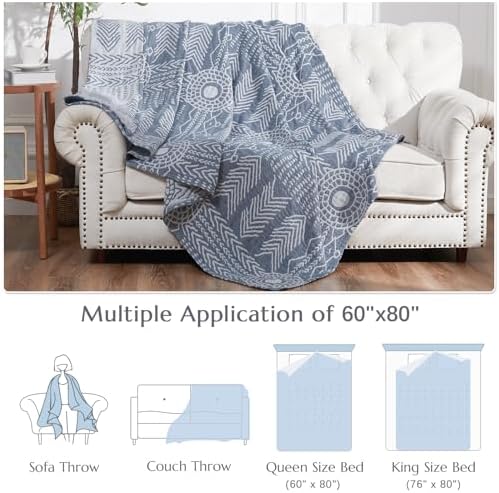 jinchan 100% Cotton Muslin Blanket Twin Boho Throw Blanket 60x80 Blue Gray - Image 5