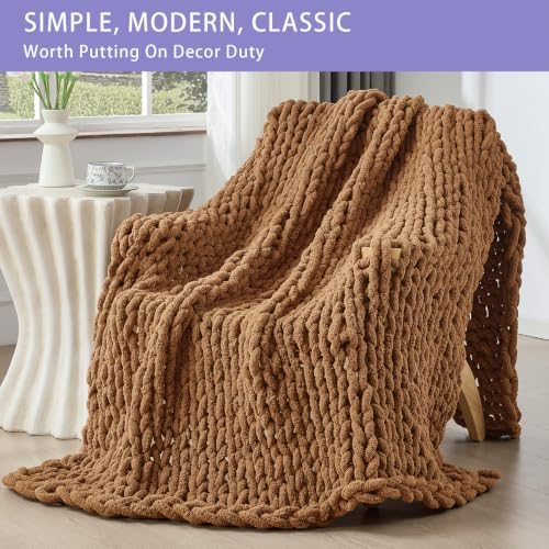Bigacogo Chunky Knit Throw Blanket for Couch, 51x63 inches, Caramel - Image 3