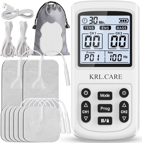 3-in-1 TENS Unit Muscle Stimulator, EMS Massage Machine with 40 Intensities for Gradual Shoulder, Sciatica, Back Pain Relief, Muscle Recovery, 28 Modes Portable Dual Channel with 8 Electrodes Pads by KRLCARE