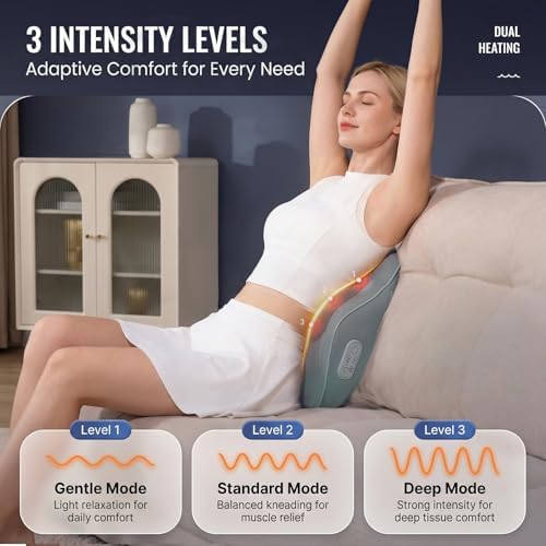 Back & Neck Massager with Heat for Pain Relief, 3D Deep Kneading Massage Cushion for Upper & Lower Back, 3 Intensity Levels, 3 Heat Settings, 15/20/30 Min Auto-Off, Ergonomic Lumbar Support - Image 2