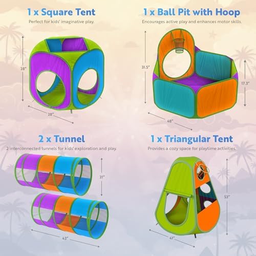 Playz 5pc Pop Up Play Tent and Crawl Through Tunnels for Kids w/Carry Bag - Image 3