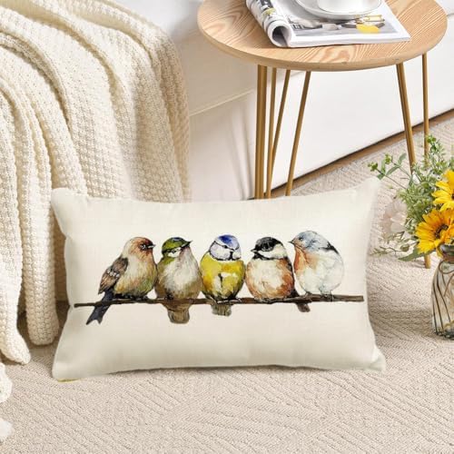 RABUSOFA Watercolor Birds Pillows Decorative Throw Pillows 12x20,Hand-Painted Oil Painting Rustic Birds Lumbar Pillow Cases,Cute Colorful Spring Summer Decorations for Home Couch Sofa Outdoor - Image 3
