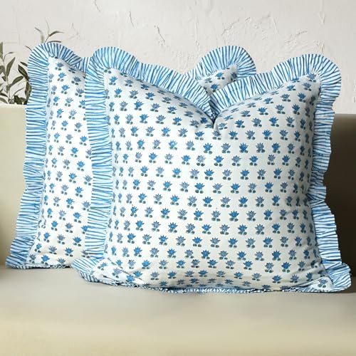 CPC Arctic Blue Hand Block Print 100% Cotton Ruffle Throw Pillow Cover 18x18 inch with Hidden Zipper Decorative for Couch, Bed, Sofa, Farmhouse, Cottagecore Decor Gift Christmas Fall Thanksgiving by COTTONPRINTCLUB