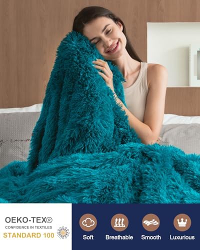 Pawque Faux Fur Sherpa Fleece Blanket Twin Size Teal Green, 60x80 inches - Image 3