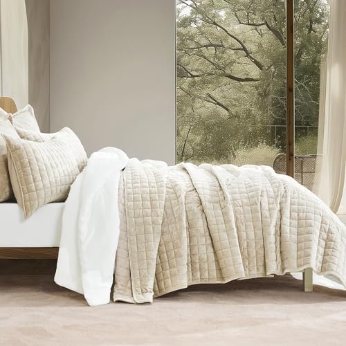 RECYCO Channel Box Stitch Velvet Quilt Set, Full Queen Size, Beige - Image 2