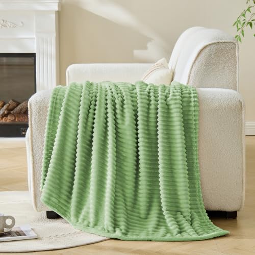 Bnuitland Fleece Throw Blanket, 300GSM Soft Warm Cozy Fluffy Throw for Babys & Pets, Stripe Pattern, All Season Sofa Bed Blanket for Home Decor, Light Green 50"x40" - Image 2