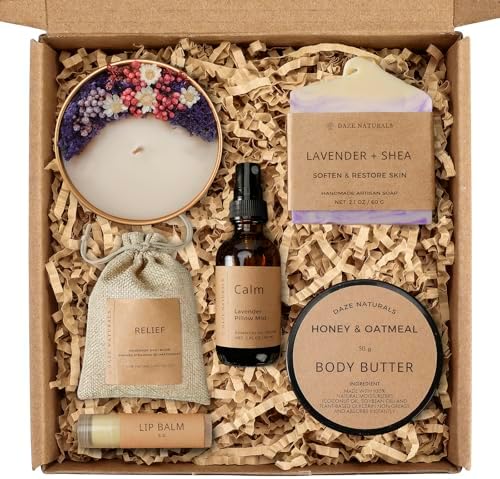 Bath Gift Set, Spa Gifts for Women, Self Care Products for Women, Lavender & Cream Soap Bar, Calm Pillow Mist, Bath Bomb & Shower Steamer, Body Butter and Lip Balm by Unknown