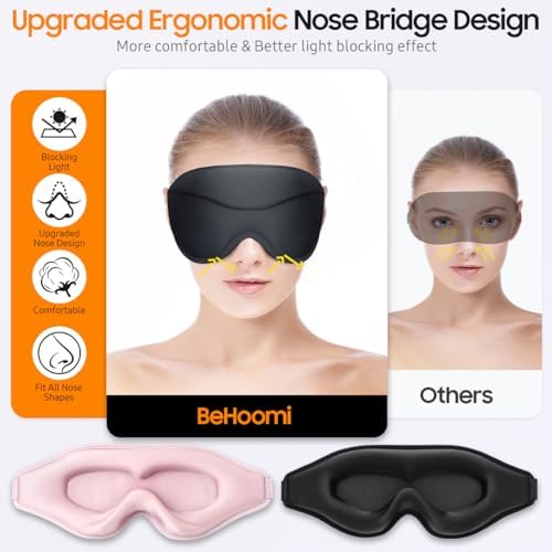 BeHoomi Sleep Mask, 2 Packs Premium Eye Mask for Sleeping, Total Blackout, Superior Soft Comfort, Upgraded 3D Ergonomic Designed Sleeping Mask for Home, Office, Travel, Meditation, Yoga, Black & Pink - Image 2