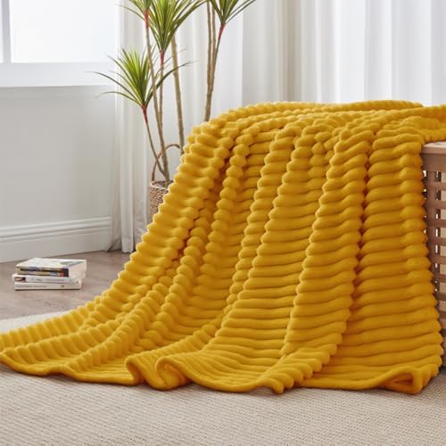 BEDELITE Ribbed Twin Blanket for Couch & Bed, Mustard Yellow, 60"x80" - Image 3