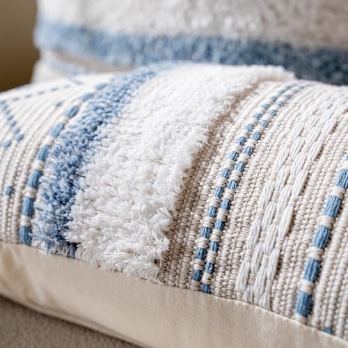 BlissBlush 18X18 Throw Pillow Cover, Coastal Blue Square Decorative Cushion Cover, Boho Accent Pillowcase with Tassels for Couch Sofa Living Room (Cover Only) - Image 5