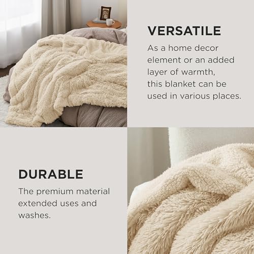 Bedsure Faux Fur Fluffy Sherpa Fleece King Bed Blanket Beige 108"x90" - Image 4