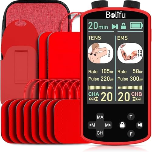 TENS EMS Unit Muscle Stimulator for Pain Relief Therapy - 4 in 1 TENS EMS Relax Custom Frequency+Pulse - Muscle Massager 36 Modes 20 Intensity, Memory & Favorites Function, 3.8" Color Display - Red by Belifu